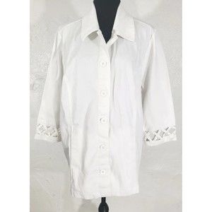 D & Co. Women's L White Stretch Denim Button Up 3/4 Cutout Sleeves Jacket